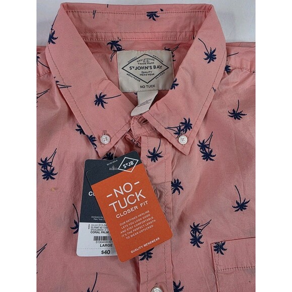 St. John's Bay Mens Short Sleeve No Tuck Palm Print Button Up Shirt NWT L - Picture 5 of 5